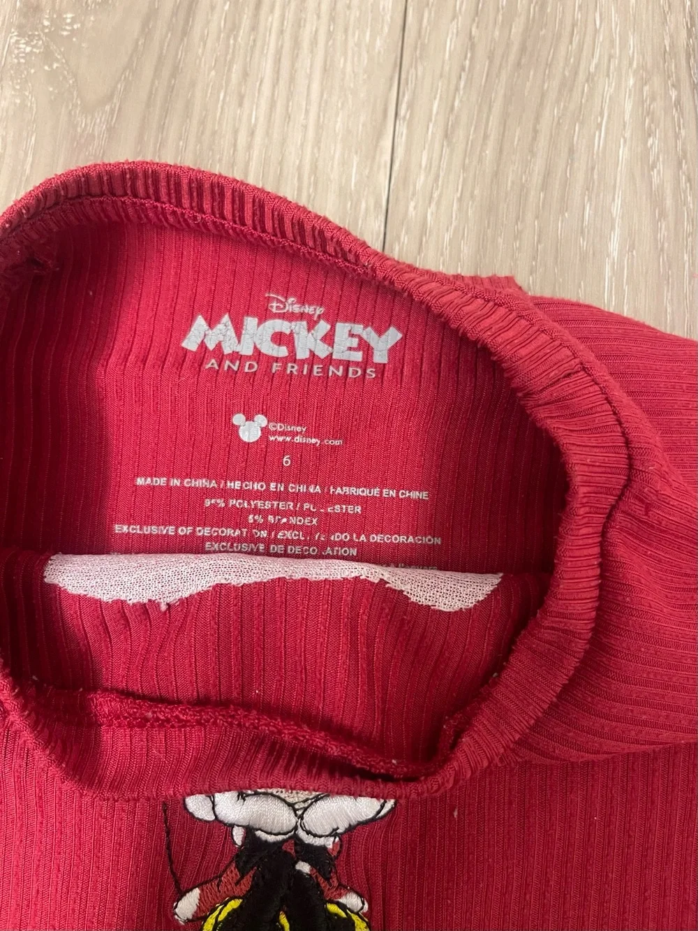 Disney Red Long-Sleeve Ribbed Tee with Minnie Embroidery